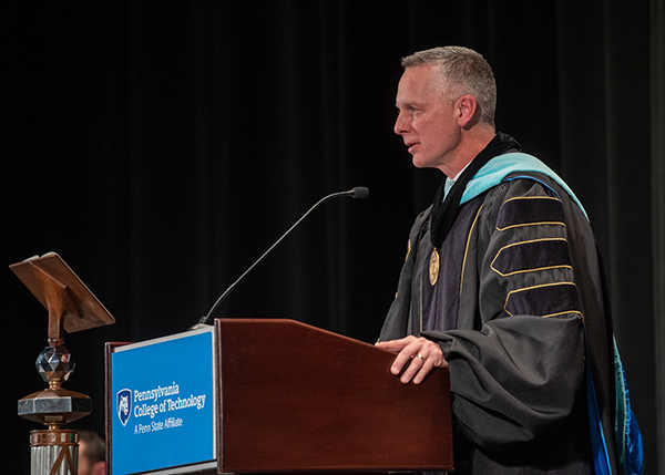 Pennsylvania College of Technology’s eighth president, Michael J. Reed, offers remarks during his inauguration ceremony, held Oct. 21 at the Community Arts Center, Williamsport.