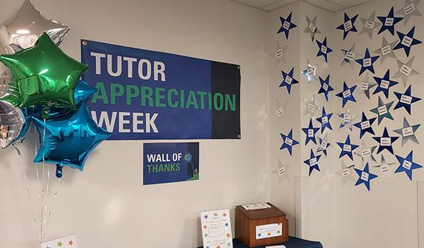 Tutoring Services' student stars shine in the ACC's first-floor wing, attracting expressions of gratitude from classmates. (Photo by Angela Frontz, coordinator of tutoring)