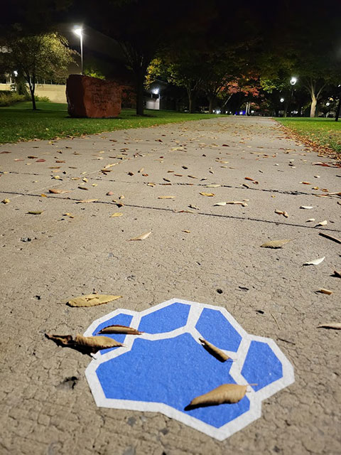 Fallen leaves share sidewalk space with the mark of the 'cat, putting its best paw forward on this (and every other) day.