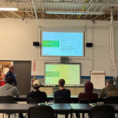 Students of Barney A. Kahn IV, a building construction technology faculty member, visit the Clean Energy Center for a lesson on blower doors that included classroom instruction ...