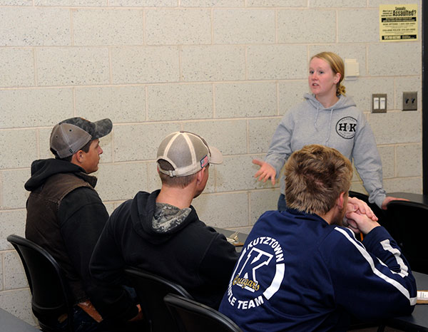 Kendra M. (Snyder) Aycock – who, with her husband, Hunter, owns H&K Nursery and Feed Store in Montoursville – talks with Field Day participants in an ESC classroom. Aycock graduated in 2019 with an associate degree in landscape/horticulture technology: landscape emphasis, and bought the family business (formerly Snyder's Nursery) earlier this year. She judged the Plant ID competition with Kendall A. Wanner, another 2019 graduate, who is employed at Earth, Turf & Wood Inc. in Denver, Pa.