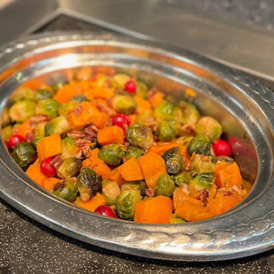 A variety of scrumptious side dishes included Roasted Brussels Sprouts and Cinnamon Butternut Squash, with pecans and cranberries.