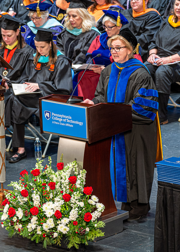 Nesli Alp, vice president for academic affairs/provost, welcomes students' extended support network – family, friends and the Penn College community – to the celebration.