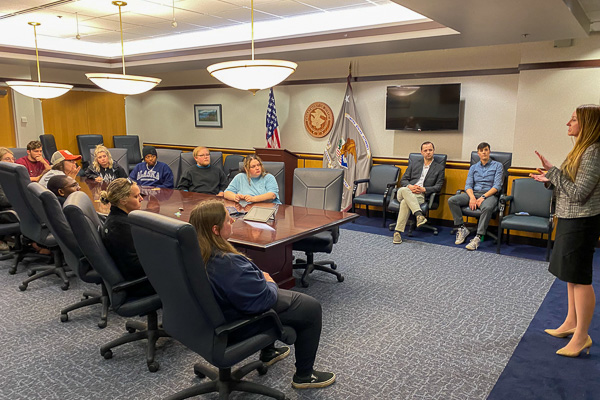 Penn College students listen to attorneys describe their community engagement at the James M. Fitzgerald U.S. Courthouse and Federal Building in Anchorage.