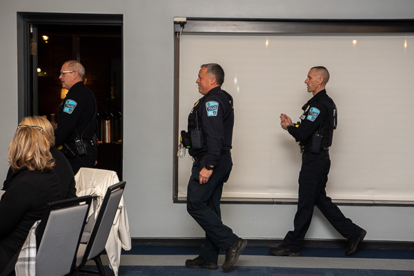 Pletz (center) is accompanied into the PDC's Mountain Laurel Room by Officers Matthew S. McCormick (left) and Adam J. Haffley.