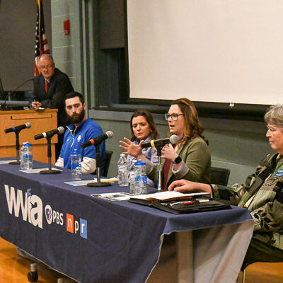 ... facilitating a fruitful dialogue that included insight from an authoritative panel. Seated from left are Jordan G. Williams, coach of the Wildcat men's lacrosse team; Barbara J. Vanaskie, Medication Assisted Treatment coordinator for the West Branch Drug and Alcohol Abuse Commission; Heather Way, the Williamsport Area School District's mental health and trauma coordinator for grades 7-12; and Linda L. Locher, a counselor and associate professor at Penn College.