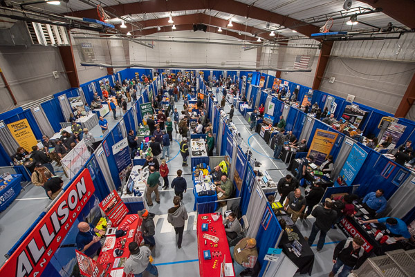 More than 230 companies, offering thousands of jobs and internships in an array of fields, met with 1,127 students at Pennsylvania College of Technology’s Spring 2023 Career Fair. The daylong event was held in two venues on campus: the Field House (shown here) and Bardo Gymnasium. 
