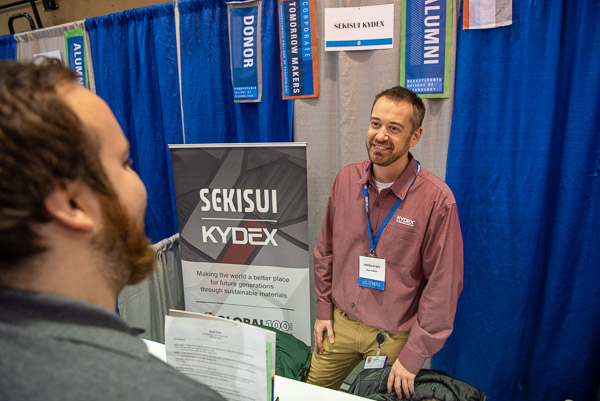 Sean Stabler, vice president of operations and innovation at Sekisui Kydex, converses with Elijah B. Peltz, an engineering design technology student from Bloomsburg who has already completed an internship with Sekisui. Stabler graduated from Penn College in 2006 with a bachelor’s degree in plastics & polymer engineering technology and in 2004 with an associate degree in plastics & polymer technology. 