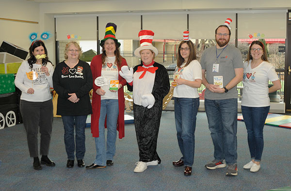 The Cat in the Hat (AKA Christie A. Bing Kracker, LEAP Center director) is joined by LEAP advisers (from left) Melissa M. Stocum, Pat M. Scheib, Allison M. Savage, Kathleen V. McNaul, Kyle W. Kern and Kaysey L. Beury.