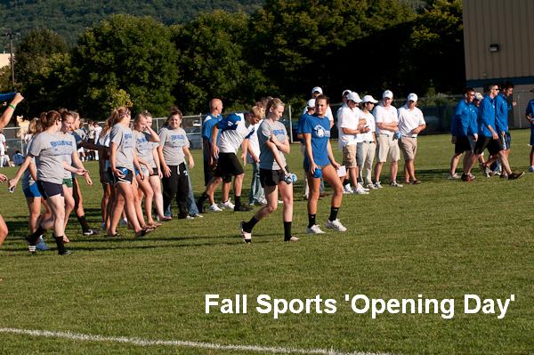 Fall sports teams greet their fans on the athletic field.