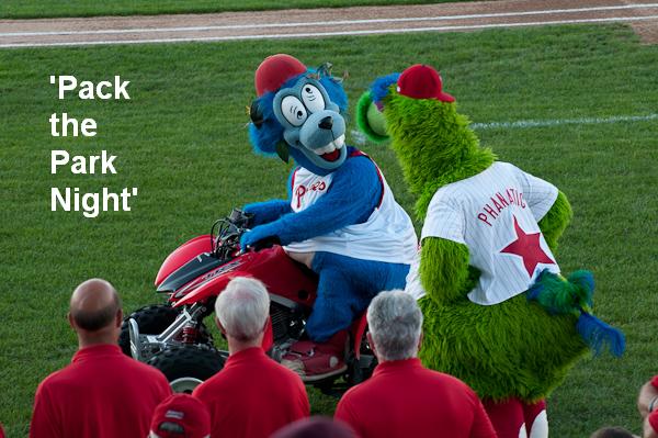 "The Phillie Phanatic" and the Crosscutters' "Boomer" hold a meeting of the mascots.