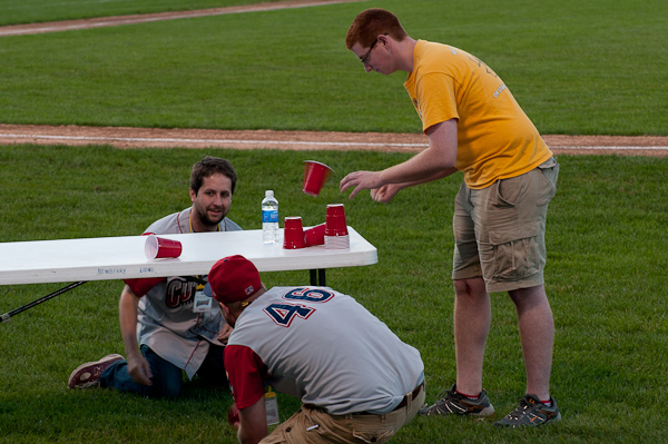Student Keith K. Kohn, of Burke, Va. (in yellow Sigma Nu shirt) shows his dexterity during an on-field game.