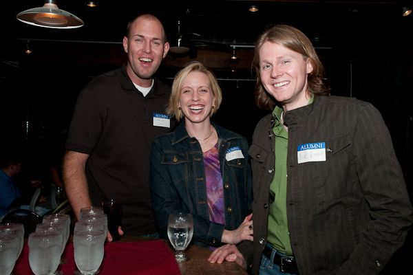 Kevin Imes (left), who earned degrees in construction management ('03) and building construction technology ('07), joins alumni colleagues Liz ('03, plastics and polymer engineering technology) and Nick Biddle ('07, graphic design) during a gathering at the Bullfrog Brewery in downtown Williamsport.