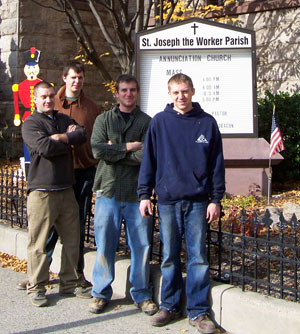 Community-minded members of Pennsylvania College of Technology%E2%80%99s American Society of Heating, Refrigerating and Air-Conditioning Engineers student chapter, from left, are Christopher J. Barlow, Matthew A. Alters, Mark C. Shaffer and Mark P. Hunsicker. (Photo by David P. Socha)