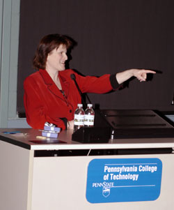 Keynote speaker Mary A. Sullivan, dean of natural resources management, uses humor to make some serious observations about women and leadership.