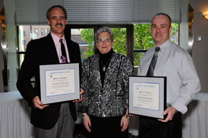From left, Robert O. Rolley Jr., recipient of the Distinguished Alumnus Award at Pennsylvania College of Technology%E2%80%99s May 15 commencement ceremony%3B Penn College President Davie Jane Gilmour%3B and Robert V. Blauser, recipient of the Alumnus Achievement Award.