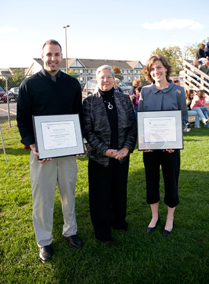 During Homecoming festivities on Oct. 10, Pennsylvania College of Technology President Davie Jane Gilmour (center) presented Outstanding Varsity Athletic Alumni Awards to Bobby String, of New Cumberland, and Becky J. Shaner, of Hughesville.