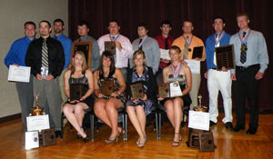 Pennsylvania College of Technology archers gather for a team photo after national competition at Texas A&M University. Standing, from left, are Clint Hinton, Danny Wido, Aaron Lapinski, Jarrod Chandler, Zack Plannick, Brad Ferguson, James Fanelli, Brock Smith, Tyler Gale and Glen Thomas. Sitting, from left, are Kjirsten Radencic, Hilary Fisher, Julie Cain and Lindsey Fackler.