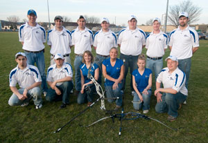 The Wildcat archery team gathers for a team photo at the start of the season. Back row, from left, are Coach Chad Karstetter, James Fanelli, Tyler Gale, Brock Smith, Zachary Plannick, Glen Thomas and Aaron Lapinski. Front row, from left, are Danny Wido, Brad Ferguson, Lindsey Fackler, Cheryl Brooks, Julie Cain and Martin Smith. (Jered Boers is not pictured,)