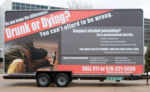 A movable billboard, which includes information about Pennsylvania College of Technology's Impaired Student Recovery Area, will make its campus-awareness rounds during the academic year. (Photo by Michael S. Fischer, student photographer)