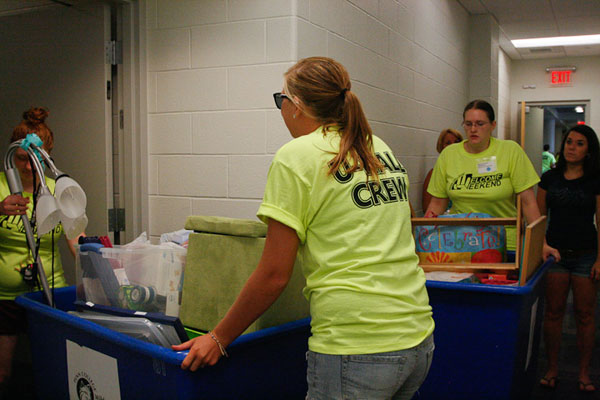 Employees and students alike are encouraged to deposit their reusable material - no separating is necessary under 'single-stream' recycling - as the college competes with its counterparts across the country in Recyclemania. Green receptacles are available across campus to aid the waste-reduction effort (the tan Dumpsters are for trash).
