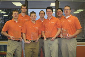 Construction management students at Pennsylvania College of Technology who traveled to San Diego for a national competition are%3A front row, from left, Nicholas J. Colaric, Eighty Four%3B Dean T. Bell, Schwenksville%3B John M. Kriner, Lancaster%3B and Tomasz Jezowski. Back row, from left, are Blake E. Smith, Hanover%3B John I. Ortels, Garnet Valley%3B and Ryan J. Catena, Cranberry Township.