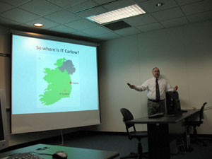 Paul Gibbons visits the Lumley Aviation Center, among the professor's stops during his recent visit from the Institute of Technology in Carlow, Ireland. (Photo by Thomas D. Inman, co-department head of aviation and associate professor of avionics)