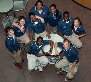 Coordinator Kas Williams, center rear, with the Resident Assistants of Clinton, Delaware and Juniata halls.