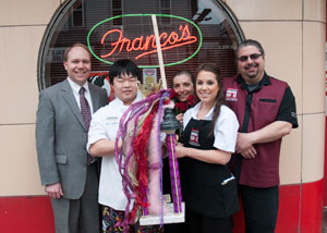 From left, Robb Dietrich, executive director of the Penn College Foundation%3B Michael H. Morgan, 2011 Mardi Gras King and a former culinary arts technology student at Penn College%3B Maria Daniele, co-owner of Franco%E2%80%99s Lounge%3B Danielle Dominick, 2010 Mardi Gras Queen%3B and Fred Daniele, co-owner of Franco%E2%80%99s Lounge and a part-time faculty member in the School of Hospitality at Penn College.