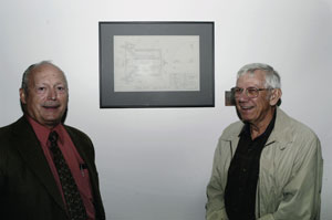 David W. Conklin (left) and Chalmer Van Horn, one of his instructors and a fellow W.T.I. mechanical drafting alumnus, in front of one of Conklin%E2%80%99s donated drawings at the College Avenue Labs facility.