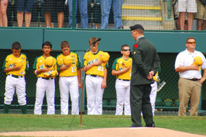 Dylan T. Lackey sings the national anthem at the Aug. 27 U.S. Championship game of the Little League Baseball World Series. (Photo by Kathleen K. Hart, a web and interactive media major from Binghamton, N.Y.)