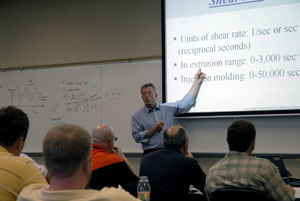 Chris Rauwendaal, world-renowned extrusion expert, presents to participants in the 10th Annual Extrusion Seminar and Hands-On Workshop at Pennsylvania College of Technology.