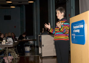 Helen Osborne, president of Health Literacy Consulting and founder of Health Literacy Month, speaks to participants at the recent health literacy workshop hosted by Pennsylvania College of Technology. (Photo by Kenneth L. Barto, student photographer)