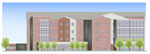 The design of the student-housing facility to be constructed on the west end of the main campus at Pennsylvania College of Technology calls for a glass-enclosed dining-hall area on the ground floor.