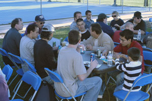 Mexican visitors mingle with their Pennsylvania College of Technology hosts during a cookout near the Field House on Monday night.