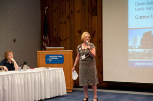 Dianne Bubb, of the Pennsylvania CareerLink office in Williamsport, talks about job-opening trends in the Marcellus Shale industry with area educators during an event at Pennsylvania College of Technology.