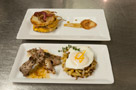 Appetizers: Top, team Heads' 'winter gratin,' and bottom, team Tails' vegetable macaroni hash with poached egg, wood-oven roasted rabbit chops and a brandy citrus sauce