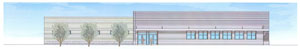 Architect's drawing shows exterior view of new masonry laboratory on the former site of a car wash at Vine Avenue and Grier Street
