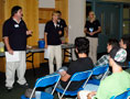 Freshmen in the information technology: security specialist concentration learn about their new major during an Aug. 20 mixer with, from left, Jacob R. Miller, associate professor of computer science; and Anita R. Girton, Daniel W. Yoas and Lisa R. Bock, all assistant professors of computer information technology.