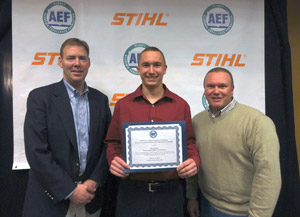 Pennsylvania College of Technology student Daniel A. Endy (center), of Pottstown, recipient of a %241,000 Jacobsen Landscape Design and Construction Scholarship, joins scholarship benefactor Glenn Jacobsen (left) and Carl J. Bower Jr., horticulture instructor.