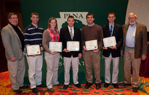 Pennsylvania College of Technology student Megan Schmid, of Danville, third from left, joins other scholarship winners at a recent Pennsylvania Landscape & Nursery Association Leadership Summit. Honoring the recipients are PLNA President Gregg Robertson, far left, and PLNA Foundation Secretary/Treasurer William D. Wells Jr., far right