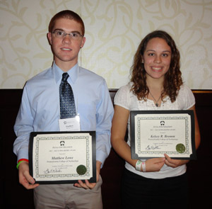 Matthew D. Lowe, Lancaster, and Kelsey R. Bromm, Fountainville, enrolled in two-year landscape%2Fhorticulture technology majors at Pennsylvania College of Technology, are honored with scholarships by the Pennsylvania Landscape %26 Nursery Association Foundation. (Photo by Carl J. Bower Jr., horticulture instructor)