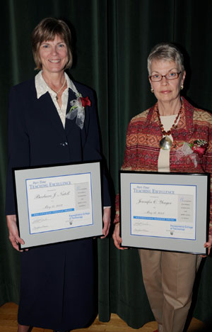 Penn College presented Part-Time Teaching Excellence Awards to Barbara J. Natell, left, director of occupational therapy assistant (who also teaches part time), and Jennifer C. Yeager, part-time instructor of French and Spanish.