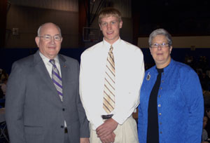 From left, Sen. Roger A. Madigan, Peggy Madigan Memorial Leadership Scholarship recipient Jeffrey Wright and Pennsylvania College of Technology President Davie Jane Gilmour.