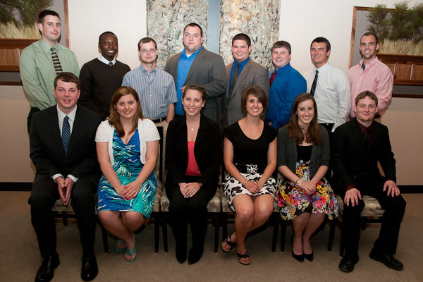 Fourteen members of the Class of 2012 were presented with Penn College Awards at a banquet in Le Jeune Chef Restaurant on Thursday evening. Standing, from left: Kyle S. Baker, Azeez O. Salu, Jonathan C. Decker, Jason T. Maddox, Gregory J. Miller, Michael C. Snyder, Ryan M. Enders and Atlee J. Eshleman. Seated, from left: Kevin E. Brookhart, Jenna M. Harner, Whitnie-rae Mays, Brandy L. Krause, Kelsey A. Coppersmith and Adam S. Feather.