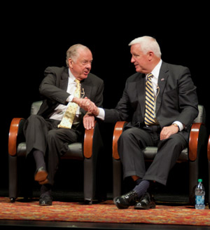 T. Boone Pickens shakes hands with Pennsylvania Gov. Tom Corbett during a roundtable discussion.