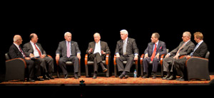 Participants in a panel discussion are, from left, moderator Vince Matteo, president of the Williamsport/Lycoming Chamber of Commerce; Alan McKim, president of Clean Harbors Inc.; state Sen. Gene Yaw; T. Boone Pickens; Gov. Tom Corbett; state Department of Environmental Protection Secretary Michael Krancer; Doug Miller, president of Exco Resources Inc,; and Rob Broen, president of Talisman Energy USA.
