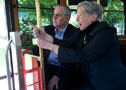 President Gilmour points out campus landmarks during trolley ride