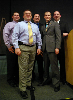SGA presidents, past and present, were on hand for Wednesday's annual banquet. From left are Brian D. Walton, 2008-09%3B Kenneth R. Harding Jr., 1998-99%3B Adam J. Yoder, 2010-11%3B Scott M. Elicker, Fall 2009%3B and Kyle M. Pfueller, 2009-10.