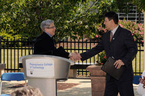Pennsylvania College of Technology President Davie Jane Gilmour greets Williamsport Mayor Gabriel J. Campana at Wednesday%E2%80%99s news conference at the college.